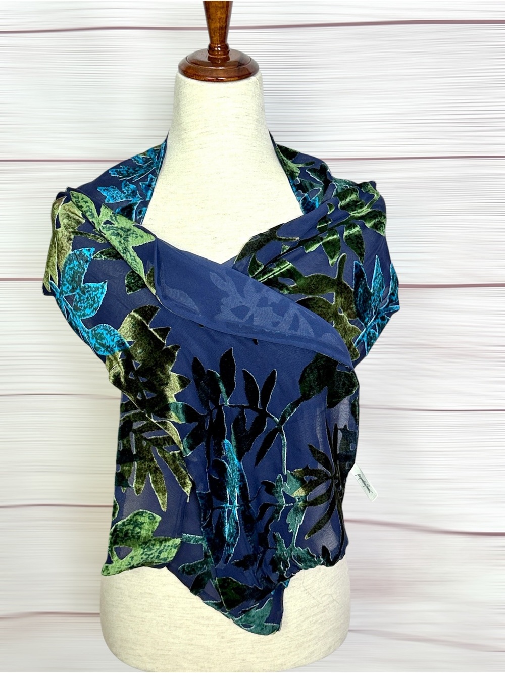 Jacqueline Ferrar Scarf Burnout Velvet Silk Blend Blue Olive Green Silk Lined